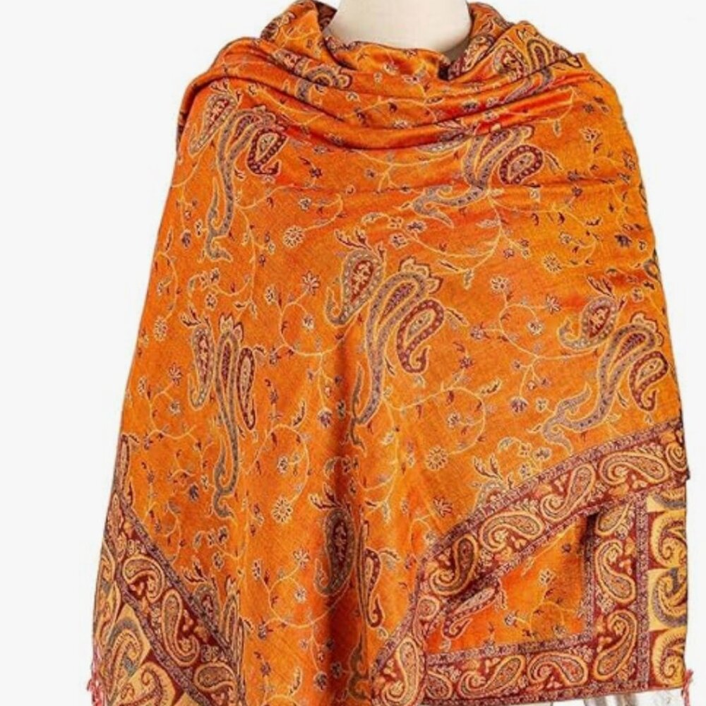 Reversible Orange Red Pashmina Shawl Wrap for Women, Fall Scarf, Bridesmaid Gift